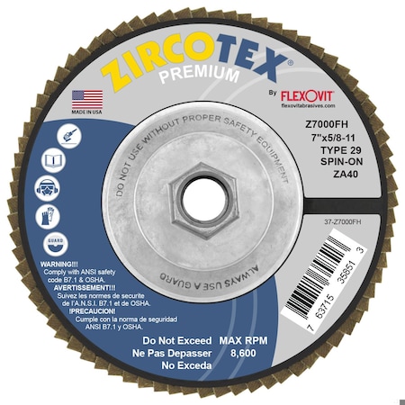 Flexovit Zircotex Premium Spin-On Coated Abrasive Flap Disc, 7 in Dia, ZA40 Grit, Coarse Grade, Zirconia Alum Z7000FH